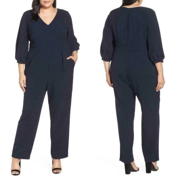 Eliza J NWT Bubble Sleeve Crepe Jumpsuit Navy Size 22W Straight Leg Pleated - Picture 1 of 9